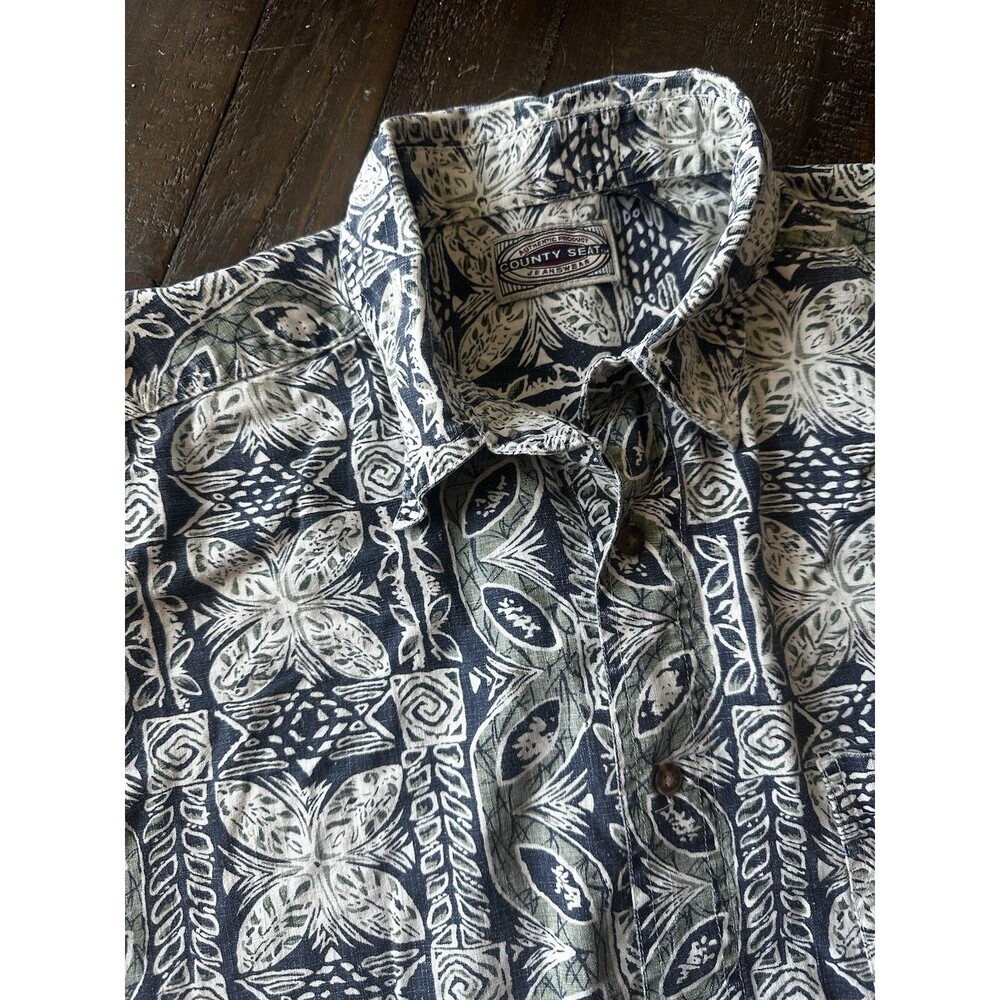 Vintage Shirt Mens Large Blue Tropical Linen Blend Tiki Beach Cruise Retro